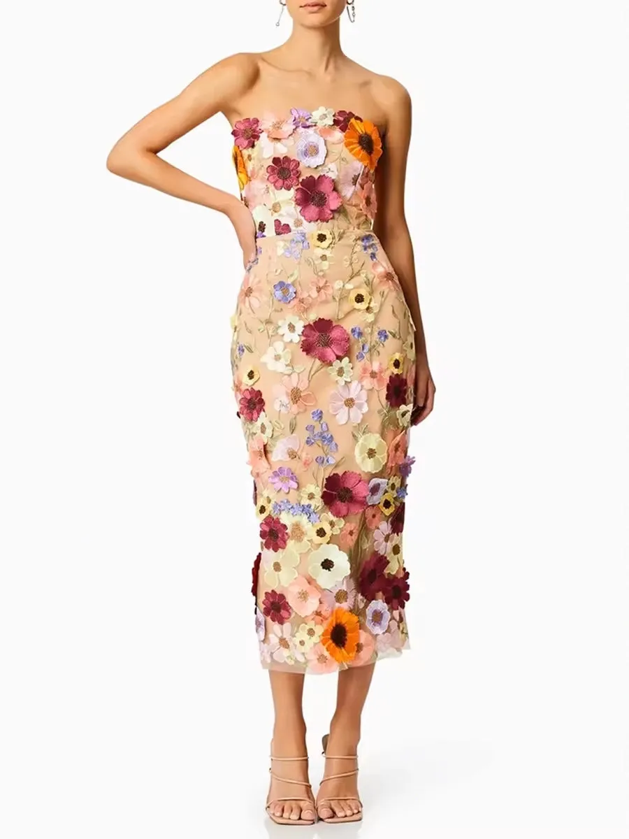 Trend4us 3D Floral Appliqué Strapless Midi Dress