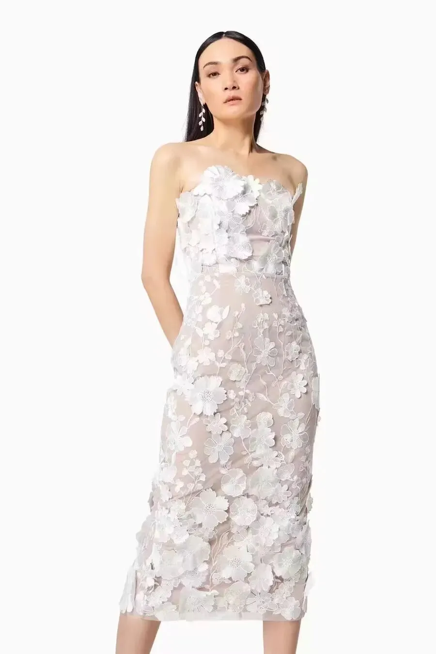 Trend4us 3D Floral Appliqué Strapless Midi Dress