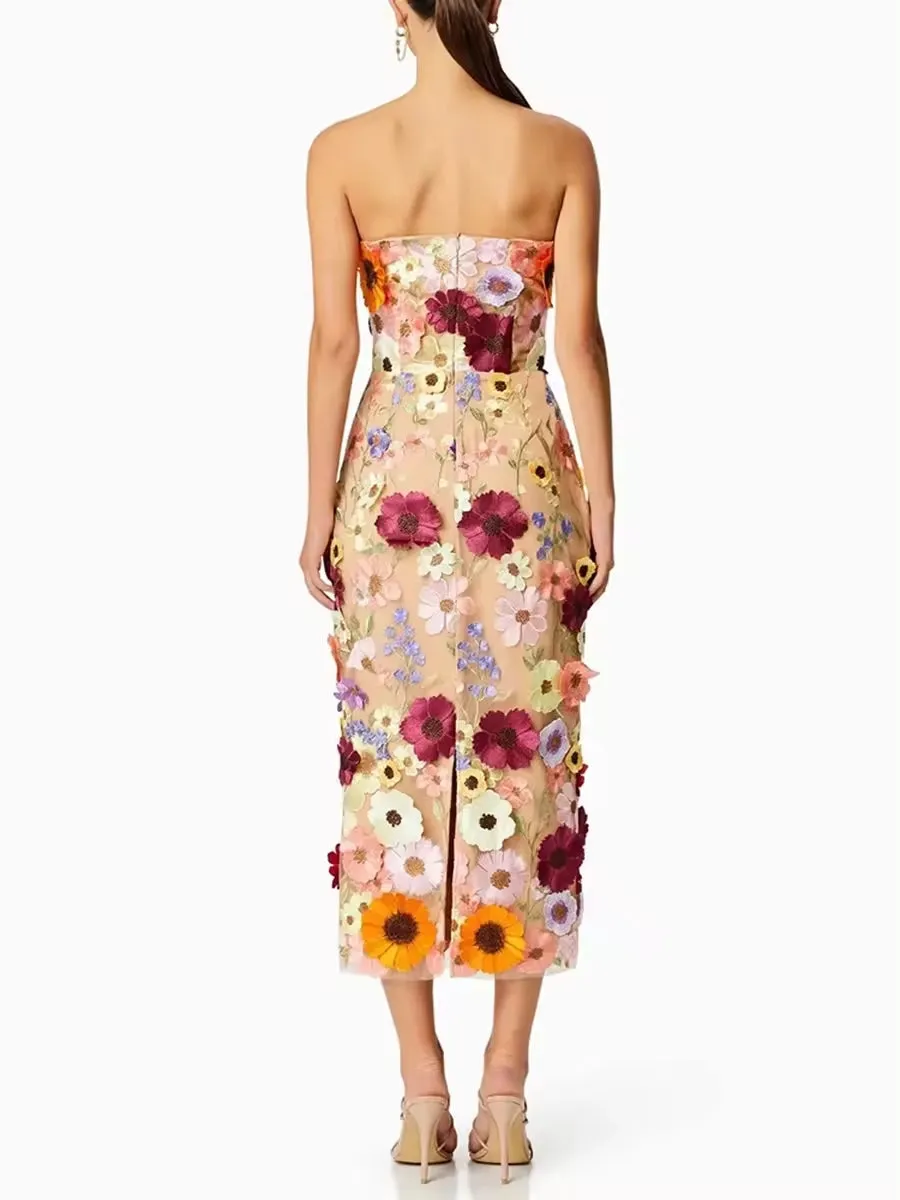 Trend4us 3D Floral Appliqué Strapless Midi Dress