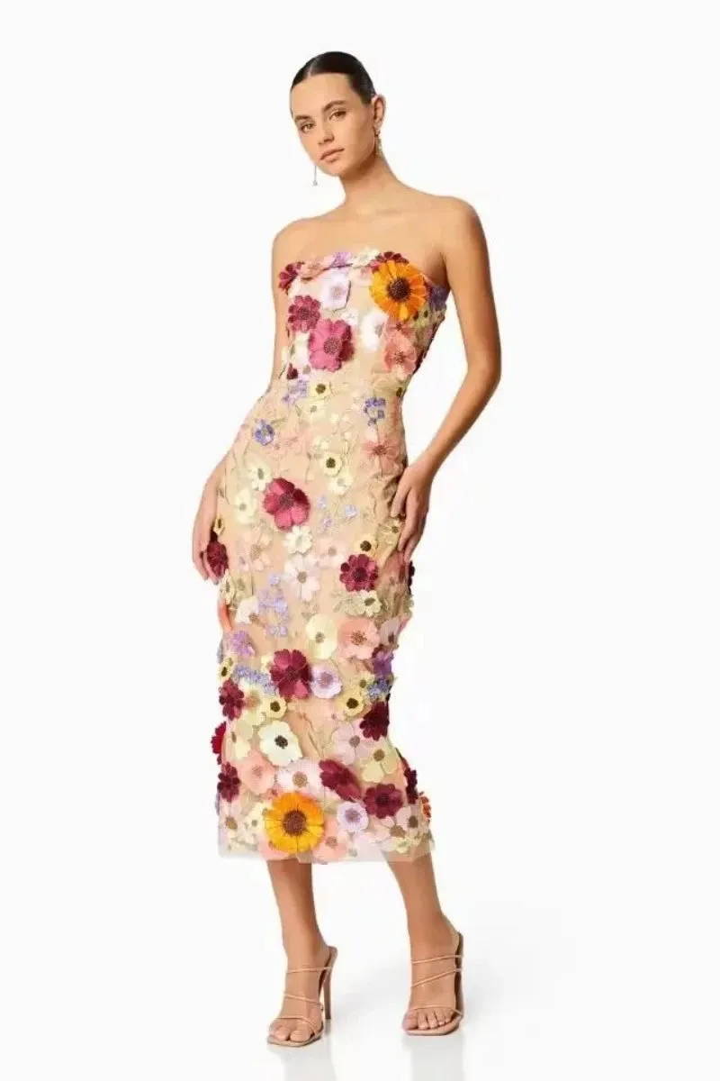 Trend4us 3D Floral Appliqué Strapless Midi Dress