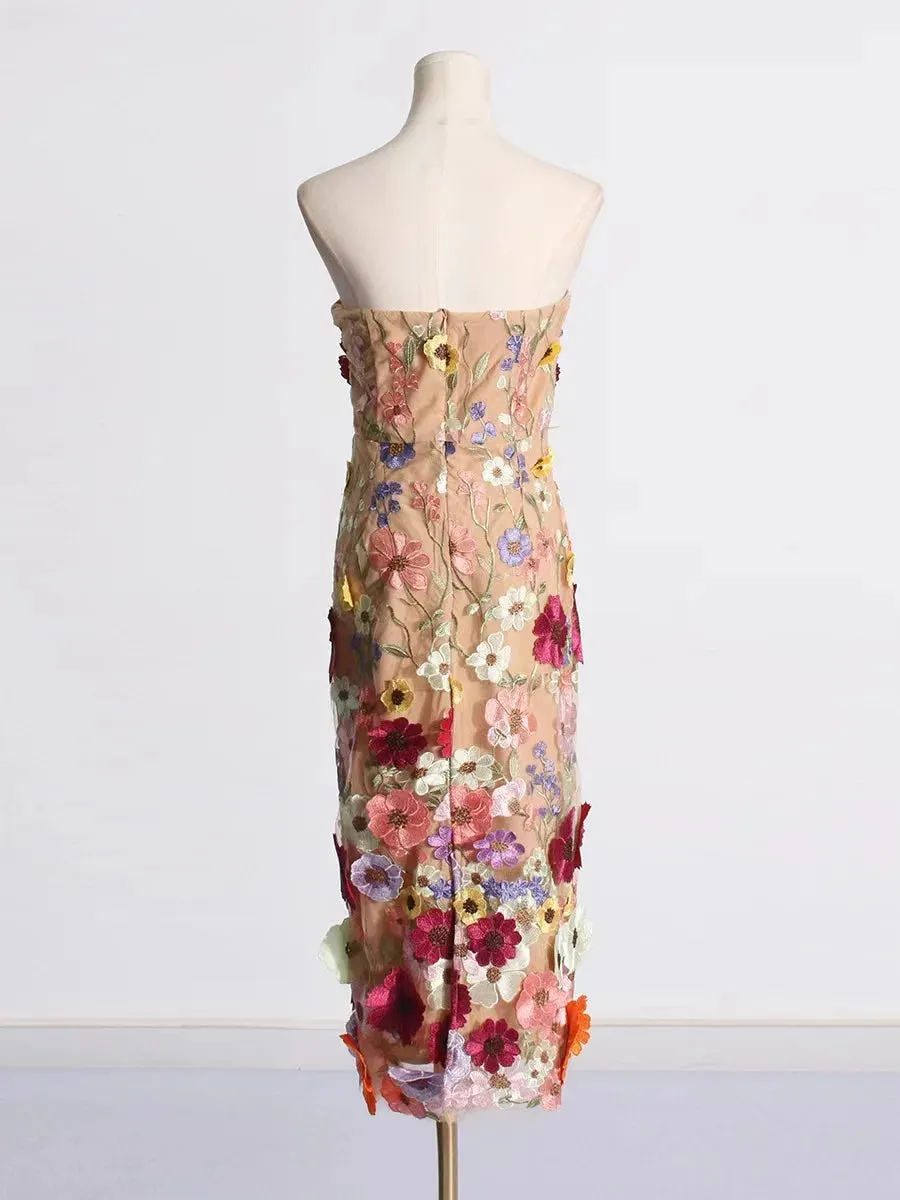 Trend4us 3D Floral Appliqué Strapless Midi Dress