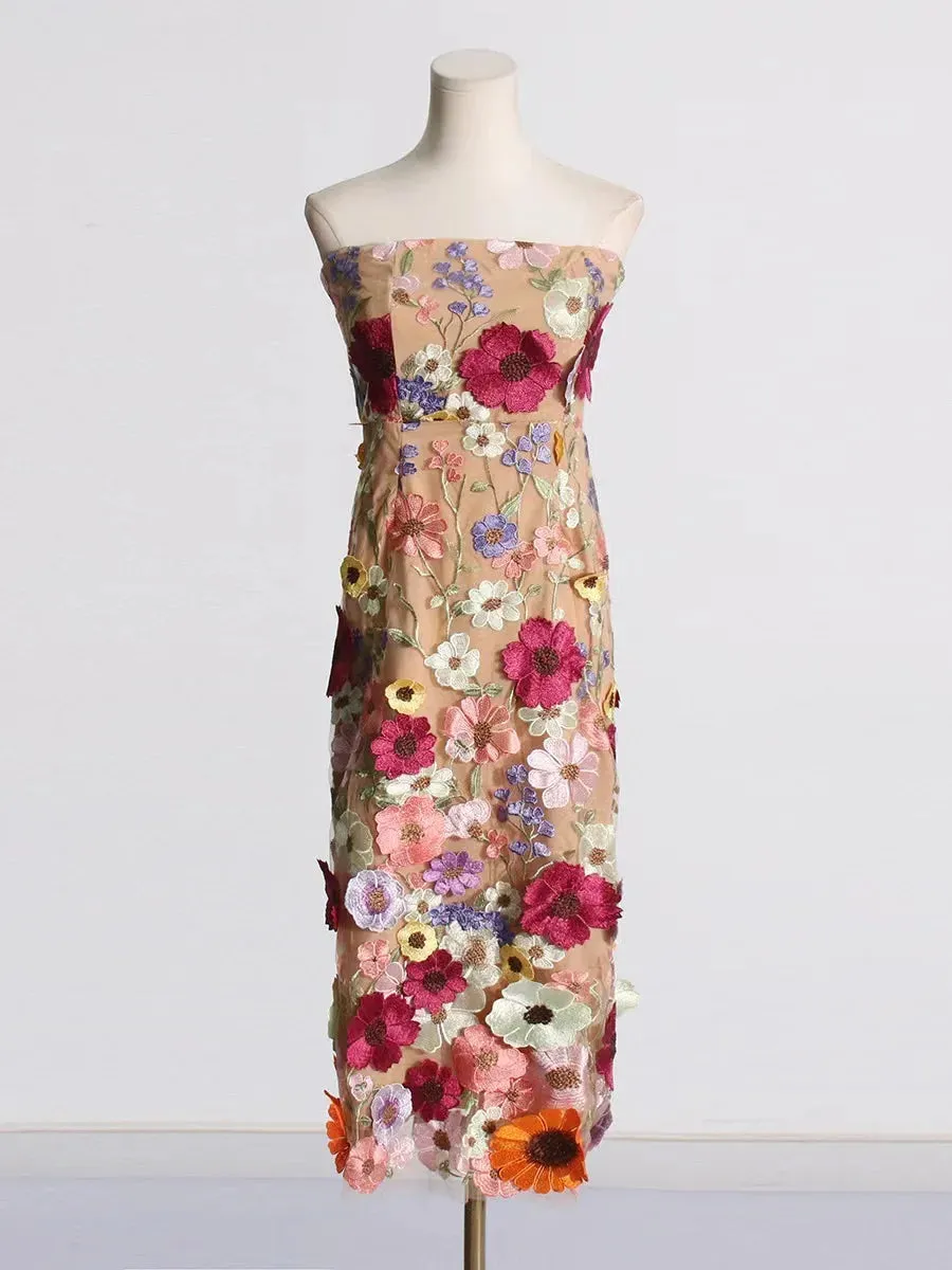 Trend4us 3D Floral Appliqué Strapless Midi Dress