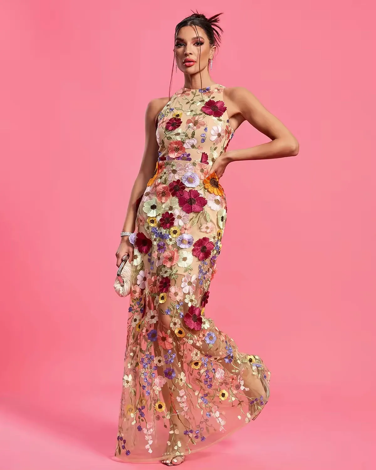 Trend4us Elegant Floral Maxi Evening Dress