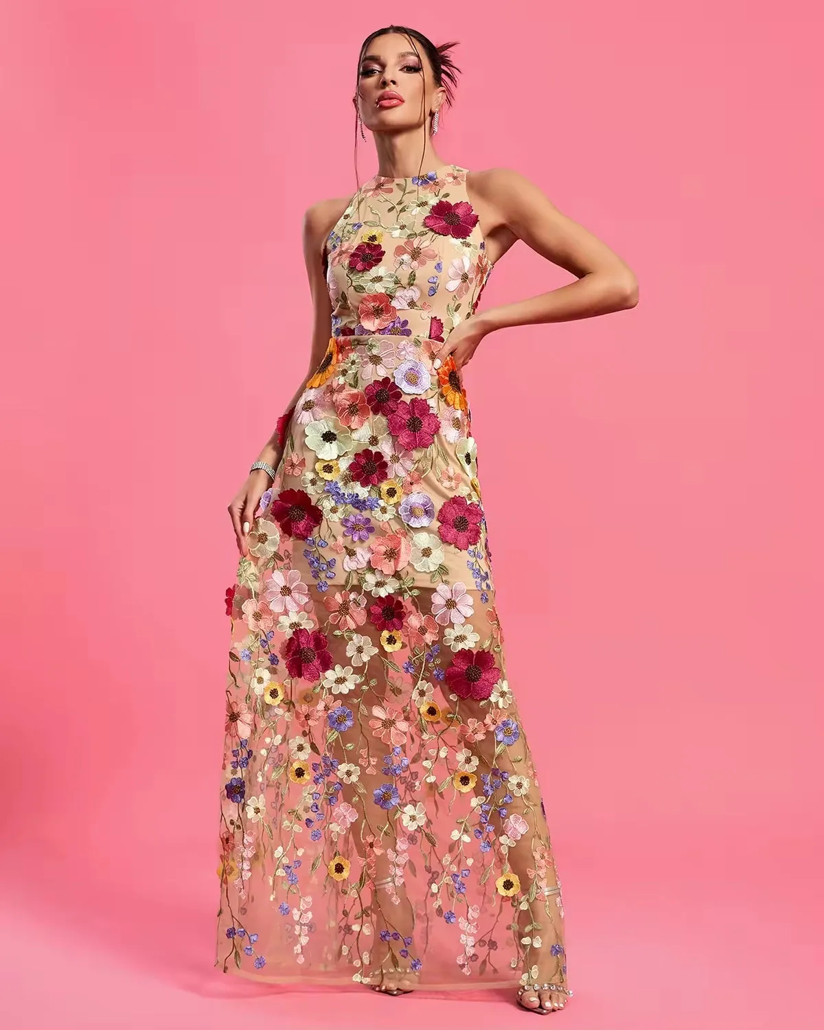 Trend4us Elegant Floral Maxi Evening Dress