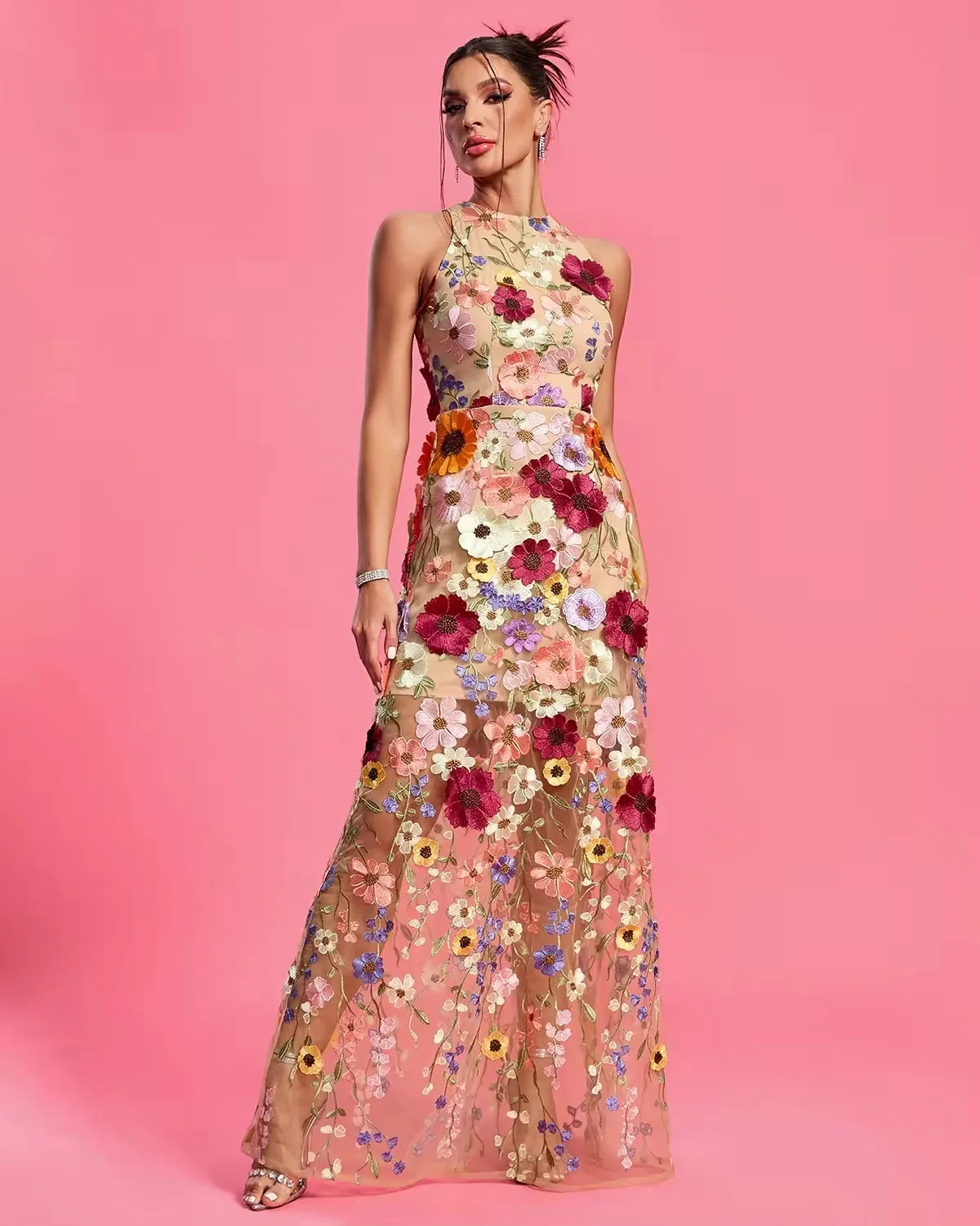 Trend4us Elegant Floral Maxi Evening Dress