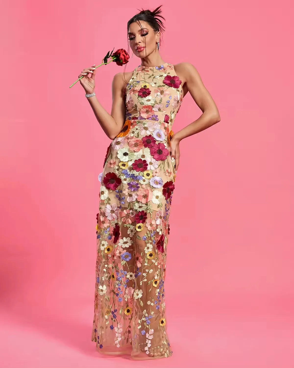 Trend4us Elegant Floral Maxi Evening Dress