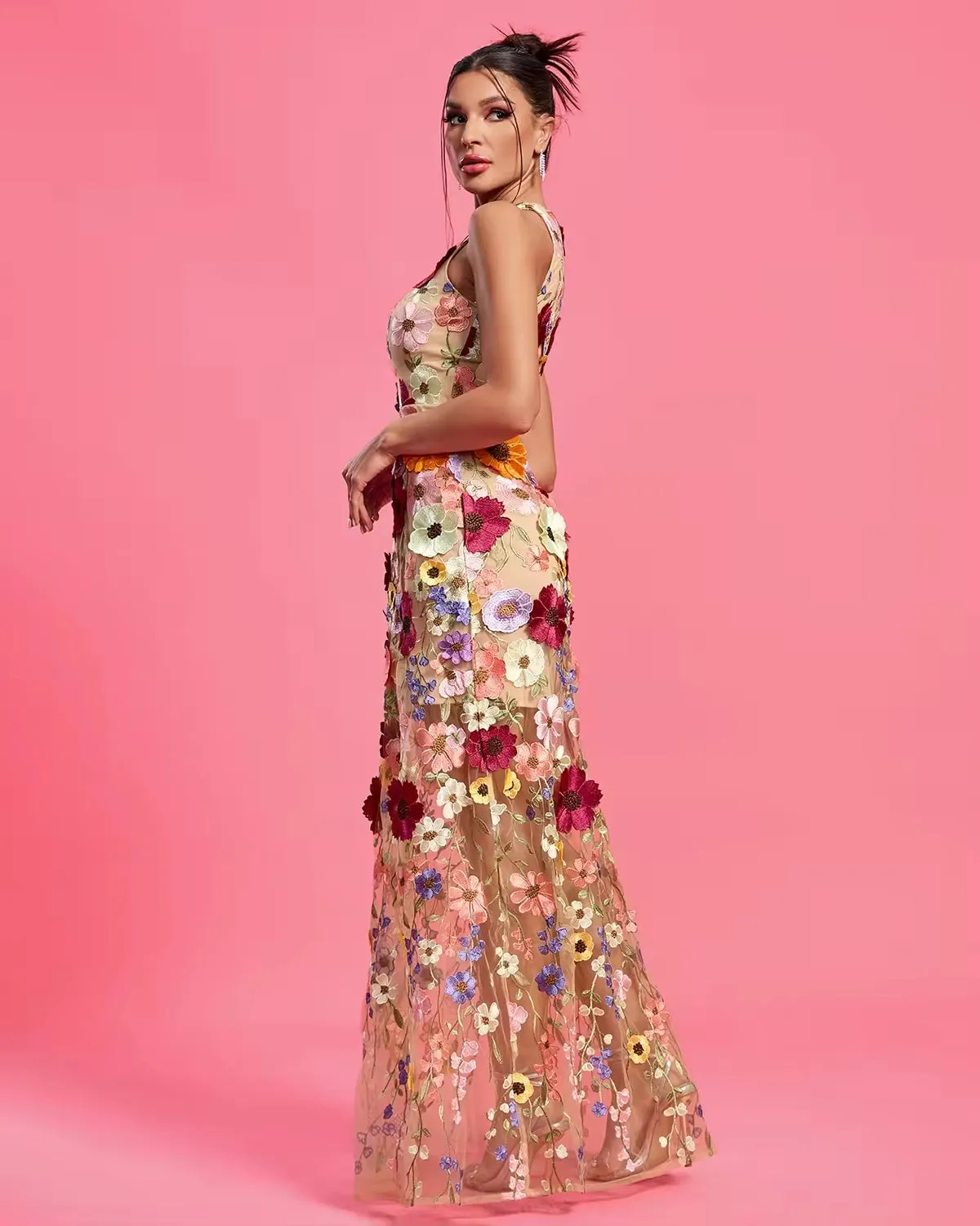 Trend4us Elegant Floral Maxi Evening Dress