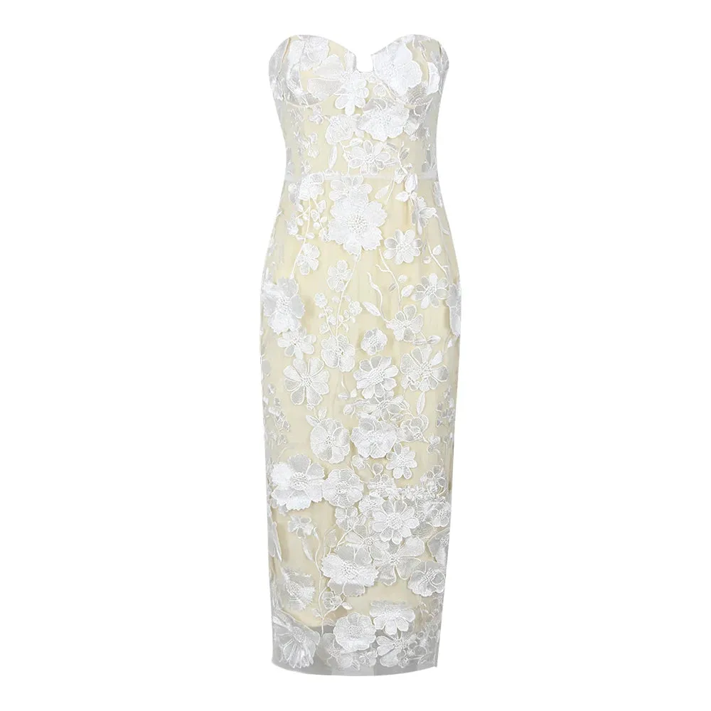 Trend4us Strapless Lace Overlay Midi Dress