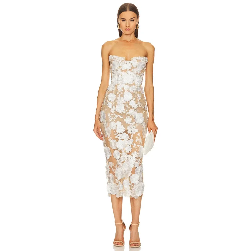 Trend4us Strapless Lace Overlay Midi Dress